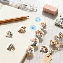 500pcs/Roll Countryside Cottage Doodle Stickers, 1 Inch Round 8 Cartoon Patterns, Mushroom House, Tree House, Office Supplies, School Rewards, Scrapbooking, Water Bottles, Phone Cases, Laptops DIY Decor, PVC Waterproof Sticker - Countryside Wooden House Stickers - View 4