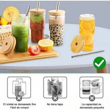 Vasos de Vidrio con Tapa Tazas de Vidrio con 4 Pajita Popote Acero Inoxidable, Botellas de Vidrio Vasos Cristal de Lata Cerveza Tazas de Caf Helado Batidos Soda Cctel Whisky Cola 650ml, 4PZS - inicial - Ver 6