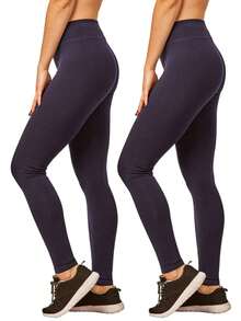 2 Pack Women's Premium Cotton Leggings Ankle Length With High Wide Waistband S-3XL High Waisted Leggings Full Length Regular & Plus Size No See-Through Athletic Workout Running Cycling Yoga Pants For Women Tummy Control Activewear Shapewear Womenswear - 2 Pack Navy Blue - 查看 3