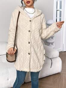 Women's Beige Fuzzy Hooded Cardigan, A Stylish & Ultra - Cozy Hot Outfit Featuring Soft Textured Fabric For Exceptional Warmth, Button - Front Design And Hooded Silhouette For Versatile Layering, Perfect For Creating Effortlessly Chic Casual Looks When Paired With Tees Or Turtlenecks In Women's Clothes | Tops For Women - trắng - Xem 3