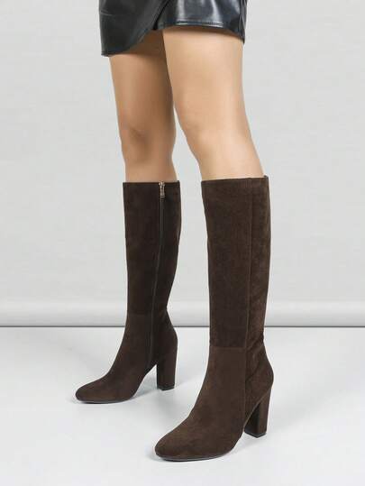 Women's Dark Brown Side Zipper Chunky Heel Over-The-Knee Boots, Fashion Pointed Toe Boots With High Comfort, Fashionable Women's Shoes For Autumn/Winter, Stylish Boot For Various Occasions,Party