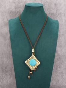 1 pieza Collar colgante cuadrado de aleación minimalista y elegante, collar largo de cuerda de cera turquesa y marrón, regalo para novio/novia