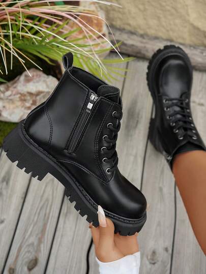 Fall/Winter Plus Size Women's Black Wide Fit Boots, Thick Sole Boots, Lace-Up Boots, Anti-Slip Boots, Side Zipper Boots, High-Quality Synthetic Material Boots, Round Toe Boots, Suitable For Daily Wear And Outdoor Activities