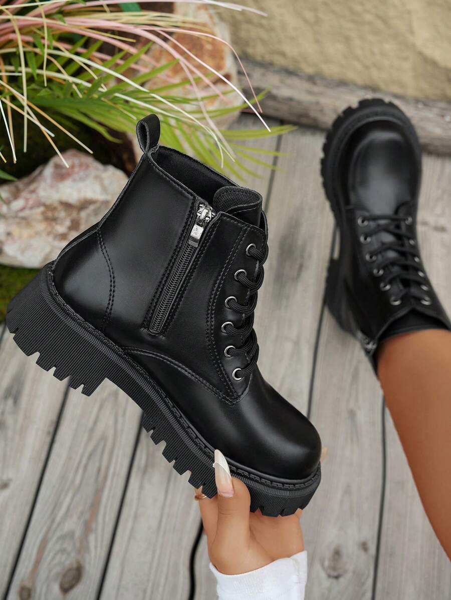 秋冬季加大码女式黑色宽楦靴，厚底，系带，防滑，侧拉链，高品质合成材料，圆头设计，适合日常穿着和户外活动 - 黑色 - 查看 1