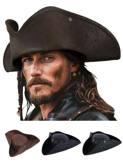 Skeleteen Faux Leather Pirate Hat - Brown Black Distressed Leather Colonial Style Tricorn Hat Halloween Party Supplies
