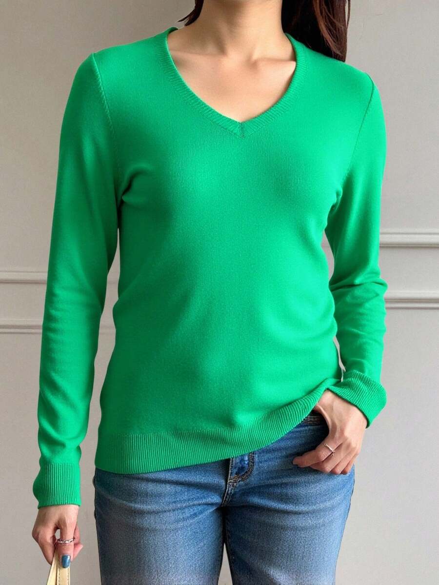 Suéter para mujer estilo casual sencillo tejido color sólido ajustado escote V manga larga otoño invierno uso diario oficina - Verde - Ver 1