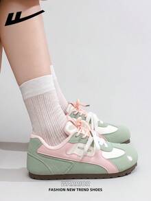 1 Pair WARRIOR Women's Thick Sole Lace-Up Soft Bottom Casual Shoes, Low-Top Outdoor Flat Shoes, Round Toe Low Heel Non-Slip Solid Color Elegant Soft Bottom Hiking Shoes, Suitable For Students, Graduation Photos, Flat Shoes, Low-Top Leather Sports Skateboard Shoes