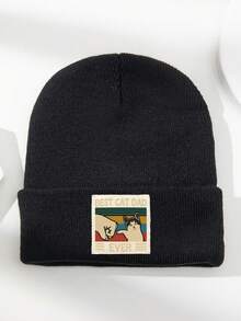 1pc Unisex Autumn/Winter Outdoor Casual Fashion Elastic Soft Comfortable Knit Beanie Hat With CAT Logo Print, Versatile For Daily Wear - A - View 2
