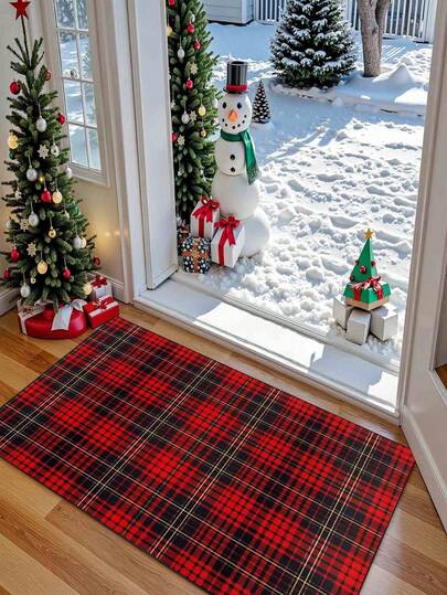 1pc Christmas Winter Red Plaid Flannel Doormat, Mainly Used For Front/Back Door Mats, Decorative For Entryways Like Carpet, Bedroom, Living Room, Dining Room, Study, Machine Washable, New & Hot Selling Item This Year