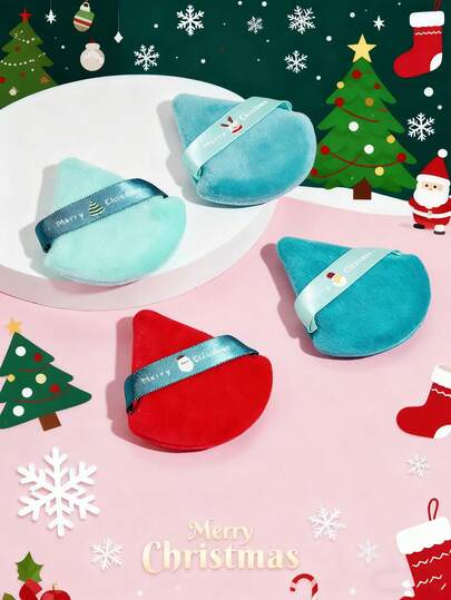 1/2/4pcs Christmas Holiday Triangle Christmas Pattern Flocked Crystal Flocked Super Soft Makeup Powder Puff, Powder Puff, Makeup Sponge, Flocked Powder Puff, Fan-Shaped Makeup Tool