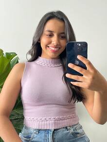 Cropped Modal Knit Tank Top With Braided Detail. - 紫丁香 - 查看 2