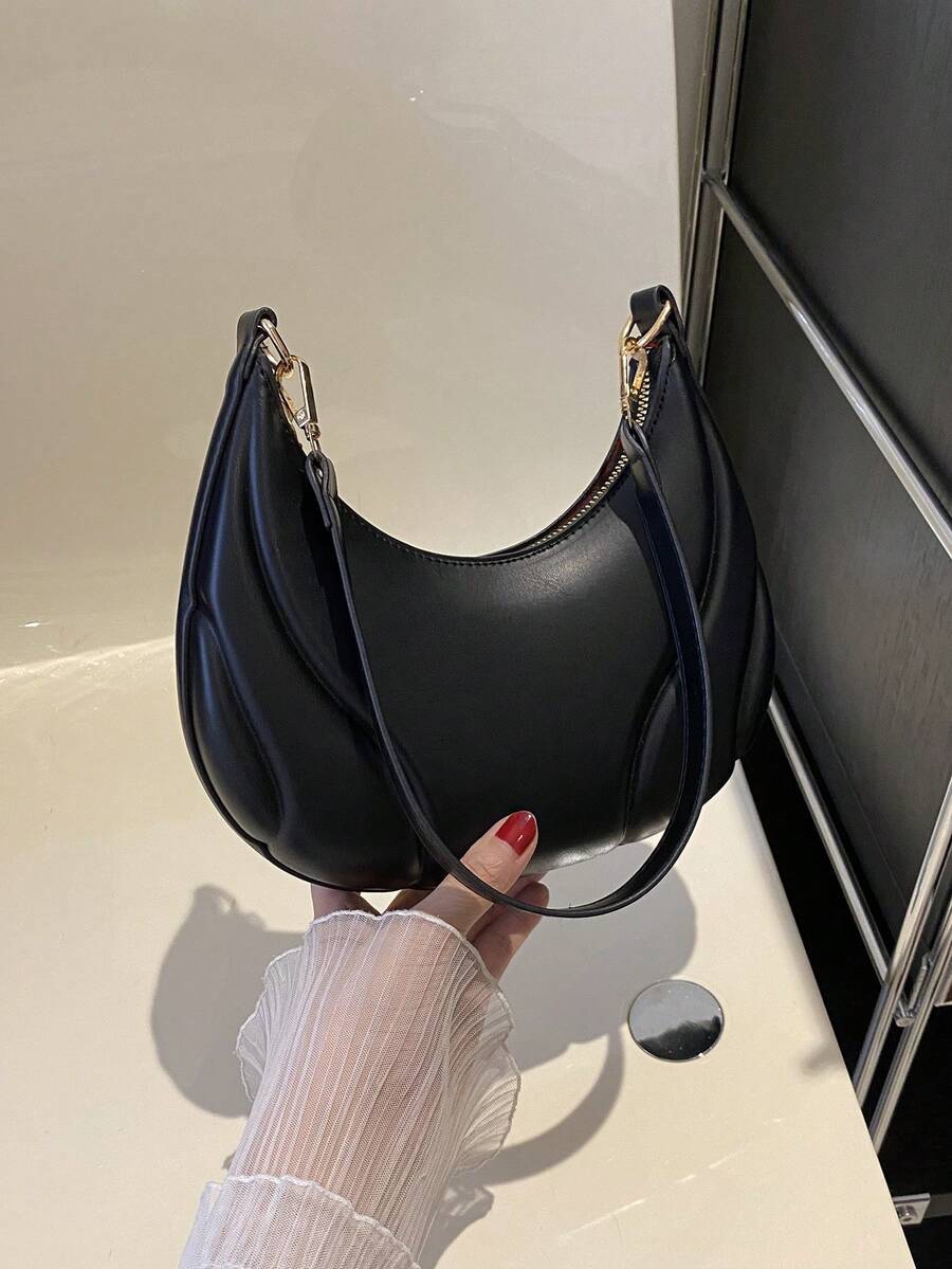 1 件黑色 PU 光滑拉链折痕时尚百搭纯色简约秋冬新款独特单肩包,适合女性日常使用 - 黑色 - 查看 1