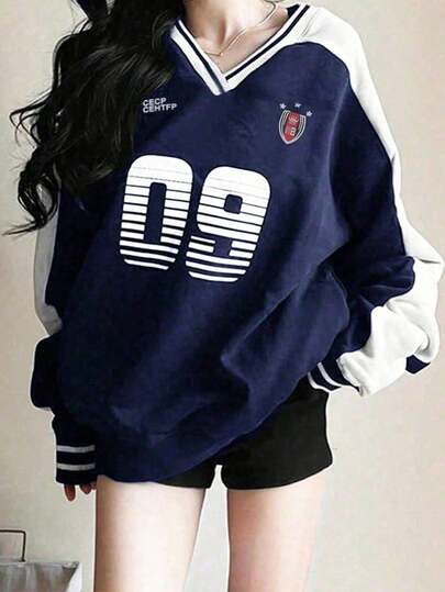 韩版复古宽松V领字母印花长袖卫衣，休闲街头风女装，适合秋冬季穿着