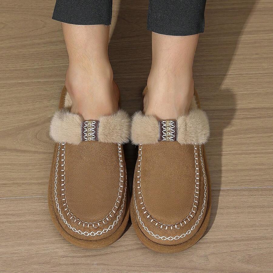 Cómodas zapatillas de estar por casa con diseño de diamantes, con ribete de piel sintética, unisex para oficina y uso en el hogar, para invierno