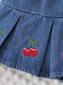 2pcs/Set Young Girls' Solid Color Cute Flutter Sleeve Round Neck Long Sleeve T-Shirt Top And Cherry Embroidery Blue Denim Versatile Mini Skirt Set, Autumn - Red - View 8