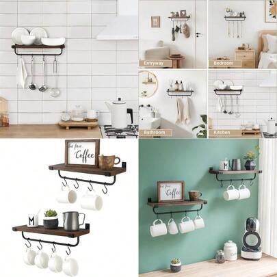 Mkono Mug Holder Wall Mounted Coffee Mug Rack Set Of 2 Rustic Floating Shelf For Coffee Bar Accories Wood Tea Cup Hooks Hanger For Organizing Cooking Utensils Home Kitchen Decor Brown