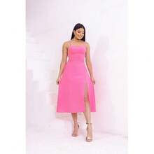 Vestido Mídi Feminino Fenda Lateral com Bojo Para Festa Casamento Aniversário Formatura - Rosa chiclete - Visão 2