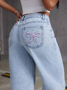 Teenage Girl Cute Girl Loose Butterfly Print High Street Casual Denim Wide Leg Pants - 淺色水洗藍 - 查看 6