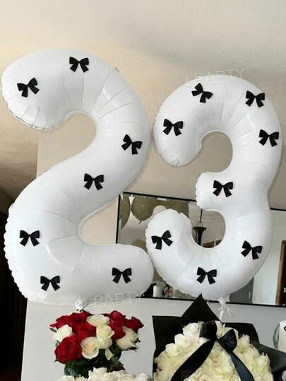 9pcs/Set 40-Inch White Number 0-9 Birthday Party Decorative Balloons, Paired With Black Polyester Bow Tie, Suitable For Princess Birthday, Black And White Birthday Decor Props
