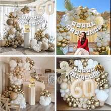 Decoraciones para 60 cumpleaños, decoraciones para feliz 60 cumpleaños, globos blancos y dorados, pancarta de feliz cumpleaños, mantel, cortina con flecos, adorno para tarta, papel(default) - Tipo 1 - Ver 8