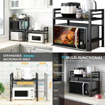 DOLALIKE Microwave Oven Rack Expandable Microwave Stand Countertop Kitchen Utensils Tableware Storage Carbon Steel Over Microwave Shelf Countertop With 3 Hooks