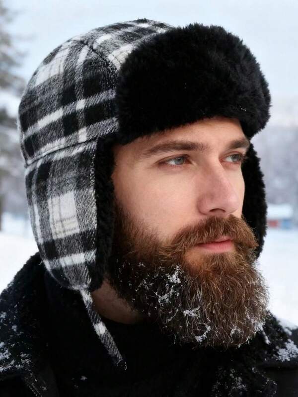 1 gorro unissex com aba de orelha espessa, forro de lã xadrez vintage, chapéu balaclava quente para homens e mulheres, adequado para outono/inverno, proteção auricular, respirável, com cordão, ciclismo, esqui