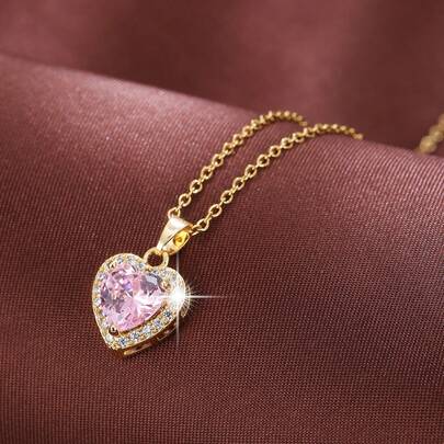 1pc Fashion Heart Pendant Design Cubic Zirconia Embellished Women Necklace