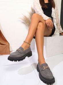 Women's Fashion Round Toe Chunky Heel Pumps With Chain Decor, Versatile & Practical, Perfect For Spring/Summer Music Festivals And Parties, Black - Grey - View 7