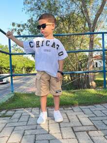 Boys' Clothing Set Brown Striped T-Shirt And Light Bermuda Shorts For Everyday Wear 2 To 12 Years - 白色和米色 - 查看 3