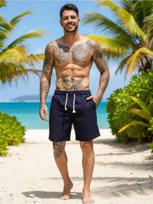 Men's Linen Shorts With Drawstring, Lightweight And Comfortable - Azul Marino - Ver 4