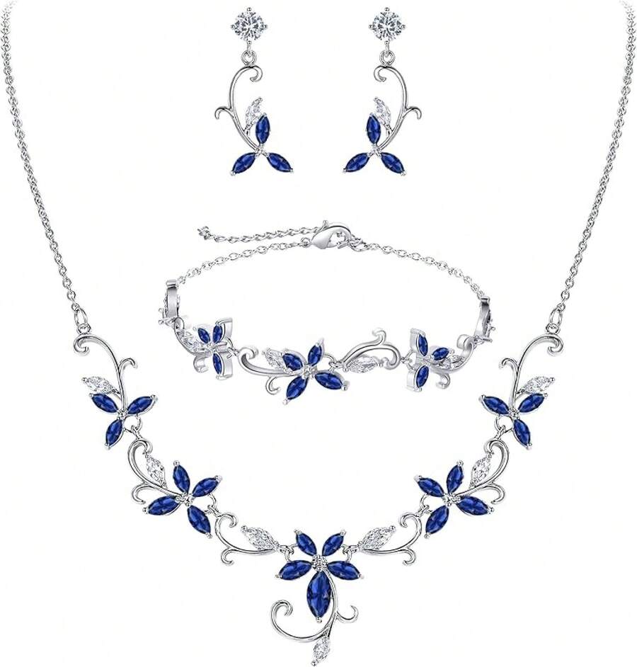 Crysdue Flower Leaf Wedding Jewelry Set Bridal Bridemaid, Cubic Zirconia Teardrop Elegant Silver/14K/Gold Plated Vine Necklace Dangle Earrings Prom Party - B_三組藍色 - 查看 1