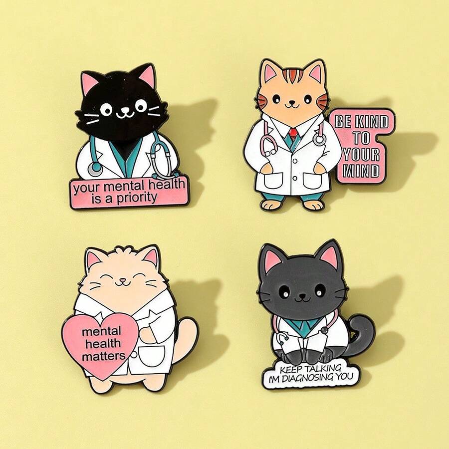 4pcs/Set Cute Cartoon Cat Medical Series Brooch Pins, Nurse Cat Lapel Pins For Clothes & Backpack Decor Christmas Gift - Multicolor - View 1