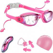 Juego de gafas de natación - Gafas de natación con gorra de natación/Tapones para los oídos/Pinzas para la nariz/Estuche de  para jóvenes adultos - Protección UV antivaho - Rosa - Ver 1