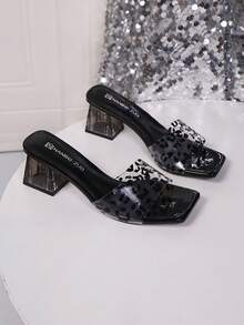 Women's Shoes, Women's Sandals, Women's High Heel Sandals, New Summer Black Woven Strap Transparent Chunky Heel Crystal High Heels, Elegant Women's Slide Sandals, Versatile Elegant High Heel Sandals, Women's Fashion High Heel Sandals, Transparent Crystal Heel Stilettos, Women's Sexy Minimalist Solid Color High Heels, Fashionable High Heels For Nightclub, Party, Gathering