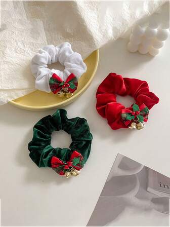 3pcs/5pcs/8pcs Christmas Hairpin Headwear Gift Set, Shiny Fabric Double Bell Bowknot Hair Rings, Hair Clips For Holiday Events ,Party ,Hair Ties ,Scrunchy