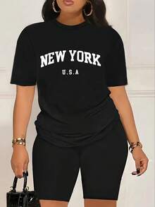 Conjunto set paquete pack 2 piezas dama mujer playera camiseta blusa gráfica manga corta cuello redondo shorts leggings biker cortos básico casual estampado ciudades new york NY nueva york - Negro - Ver 3
