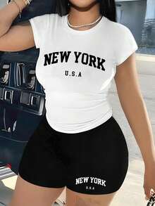 Conjunto set paquete pack 2 piezas dama mujer playera camiseta blusa gráfica manga corta cuello redondo shorts leggings biker cortos básico casual estampado ciudades new york NY nueva york - Blanco - Ver 3
