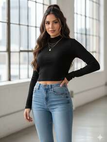 Playera Básica Estilo Elegante y Casual para Mujer | Manga Larga con Cuello Semi Alto | Diseño Ajustado con Tela Acanalada Suave y Cómoda | Rib de Una Capa Perfecto para Climas Frescos | Colores Neutros: Blanco, camel y Negro | Ideal para Looks Sofisticados de Día o de Noche  Liso  Casual  Canalé  Canalé    mujer  Diario  primavera-verano - Negro - Ver 1