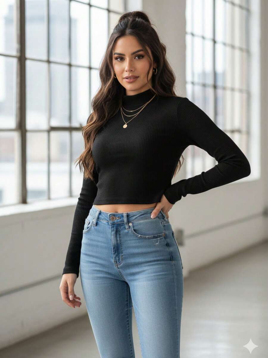 Playera Básica Estilo Elegante y Casual para Mujer | Manga Larga con Cuello Semi Alto | Diseño Ajustado con Tela Acanalada Suave y Cómoda | Rib de Una Capa Perfecto para Climas Frescos | Colores Neutros: Blanco, camel y Negro | Ideal para Looks Sofisticados de Día o de Noche  Liso  Casual  Canalé  Canalé    mujer  Diario  primavera-verano - Negro - Ver 1