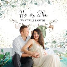 Greenery - Teln de fondo de fotos con texto en ingls He or She What Will Be or Clothes Neutral Party Decoration verde con hojas de eucalipto, fondo de fotos de. 5x - 7x5 pies - Ver 4