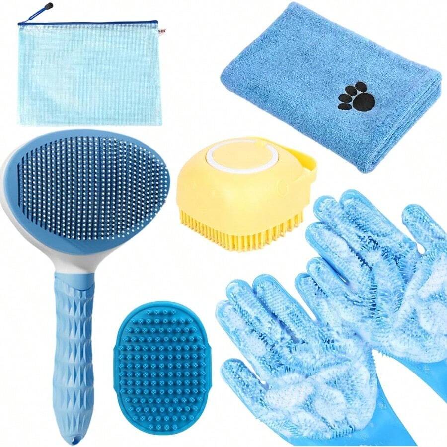 Bath Brush Kit With Towel And Washing Gloves 6 IN One Bag Slicker Hair Grooming Brush For Shedding Shampoo Scrubber For Dogs Cats Bath Blue - 6BathBlue - View 1