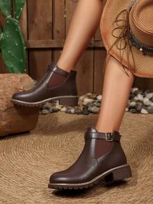Solid Color Western Style Side Zipper Buckle Holiday Round Toe Thick Sole Retro Short Boots With Belt Buckle Decor, Women Casual Ankle Boots For Autumn/Winter