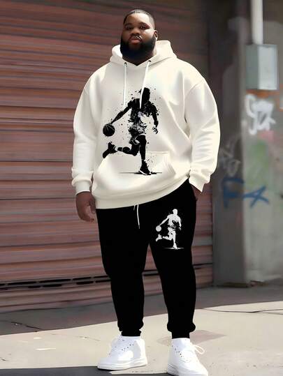 Set de 2 piezas Sudadera con capucha con estampado de silueta de jugador de baloncesto de talla grande, conjunto de chándal de estilo deportivo casual