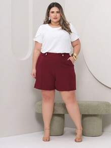 Plus Size Women's Shorts With Pockets And Buttons With Side Zipper And Elastic At The Back In Elegant Tailored Fabric - 酒紅色 - 查看 3