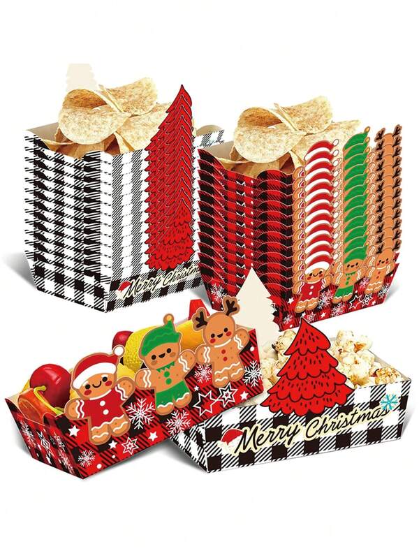 10pcs/20pcs/50pcs Christmas Gingerbread Man Paper Food Tray Xmas Decorations Green Red And Black Plaid Christmas Food Serving Boat Trays Popcorn Nacho Trays Plates With Snowflake Xmas Tree Pattern Design Snack Popcorn Bowl Containers For Winter Xmas Party Supplies Favors