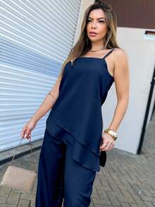 EMILI LULU RUN2 Women's Set Fernanda Asymmetrical Blouse And White Wide Leg Pants - Navy Blue - View 4