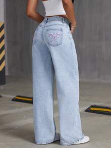 Teenage Girl Cute Girl Loose Butterfly Print High Street Casual Denim Wide Leg Pants - 淺色水洗藍 - 查看 3
