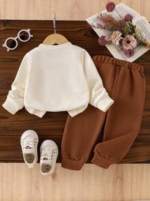 2pcs Baby Girl Ruffle Trim Bow Decor Long Sleeve Sweatshirt And Solid Color Casual Sweatpants Set - Apricot - View 2