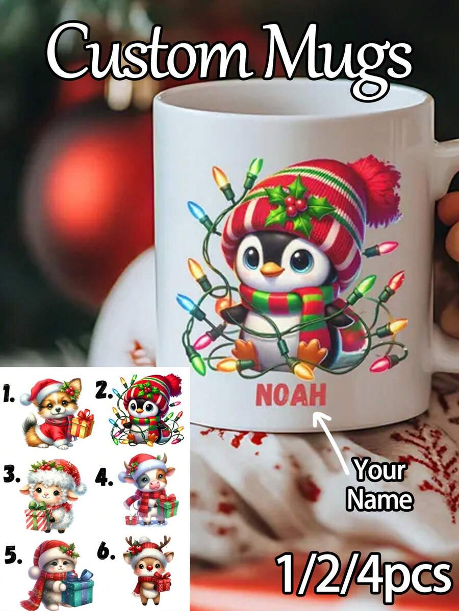 1/2/4 Pcs Customized Text Ceramic Mugs | Couple Personalized Mugs, Anniversary Gifts, Christmas Gifts, Christmas Morning Coffee Cups | Suitable For Couples, Lovers, Christmas Gift Buyers, Anniversary Celebrators, Romantic Gift Makers, Home Decor Enthusiasts, Daily Gift Givers, Customizable Text - Multicolor - View 1