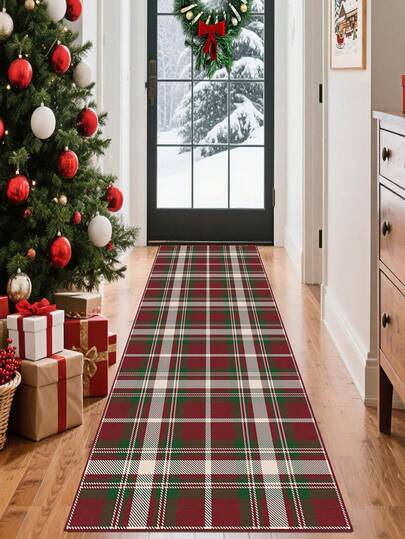 1 pieza Alfombra navideña de felpa a cuadros clásica, hecha de tela de felpa de alta calidad, adecuada para felpudos, alfombras de pasillo con excelente absorción de agua